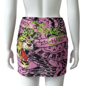 NEW Ed Hardy Tiger Tattoo Print‎ Mini Skirt Women's Size 1X Pink Mesh Y2K